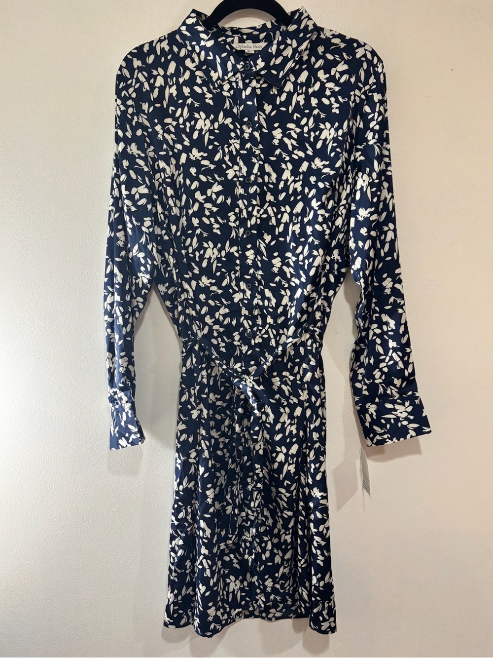 NWT Ophelia Roe Shirt Dress XL Navy Blue White Abstract Leaf Button Front Midi